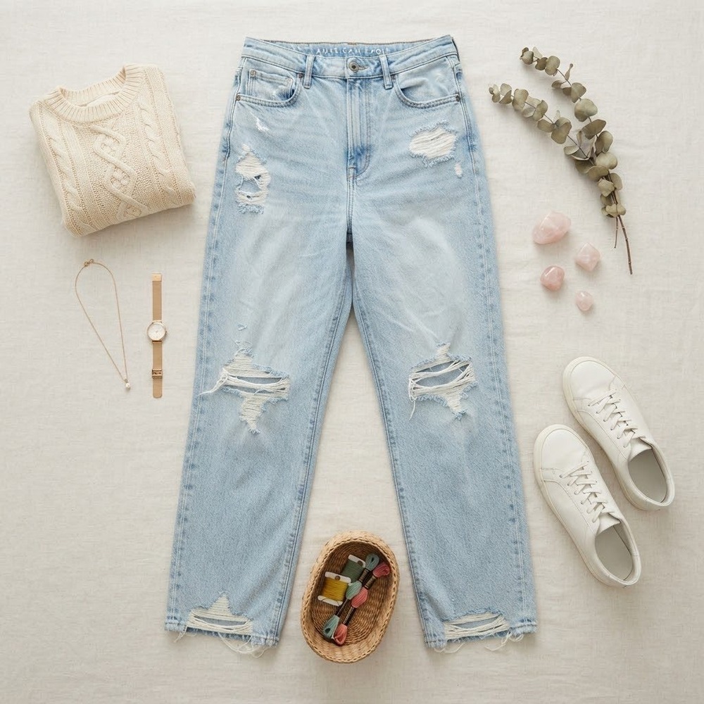 American Eagle Highest Rise 90s Boyfriend Distressed Light Wash Jeans Womens 14